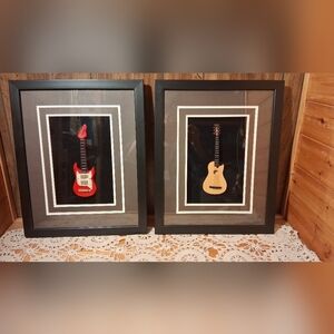 Framed Miniature Guitar Art Pair - Red & Natural Wood